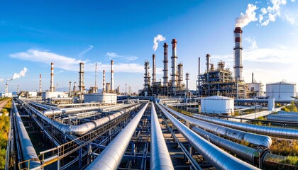 Obraz premium Panoramic view of a vast petrochemical plant under clear blue sky, intricate network of pipes, distant smokestacks