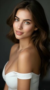 Young woman smiling warmly with a natural, joyful expression. Soft lighting highlights her features, capturing a moment of genuine beauty and positive emotion in a close-up shot.458