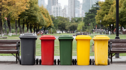 Naklejka premium Colorful recycling bin for responsible waste separation and management in city park, promoting urban sustainability
