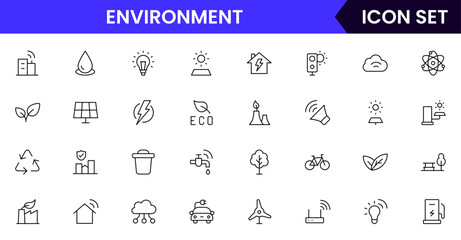 Environment vector line icons featuring trees, recycling, renewable energy, wildlife, water conservation, sustainability, ecosystems, pollution control, and green initiatives.