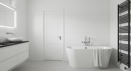 A modern, minimalist bathroom with a black and white theme.