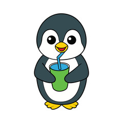 Cute Penguin Drinking Juice Cartoon Vector Illustration