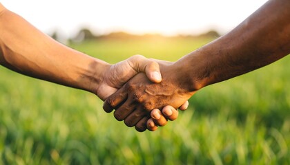 Closeup of Two People Shaking Hands Outdoors as Symbol of Agreement
