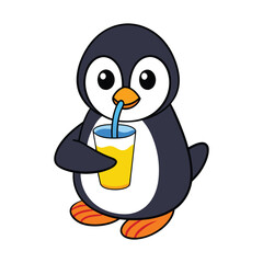 Cute Penguin Drinking Juice Cartoon Vector Illustration