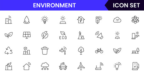 Environment vector line icons featuring trees, recycling, renewable energy, wildlife, water conservation, sustainability, ecosystems, pollution control, and green initiatives.