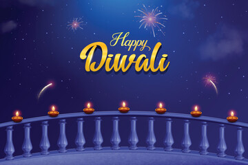Happy Diwali Greeting Design With Oil Lamps Lit On A Balcony Railing With Sparkling Fireworks In The Night Sky, Blue Background. Indian Hindu Festival Concept For E-commerce Greetings, Poster, Banner