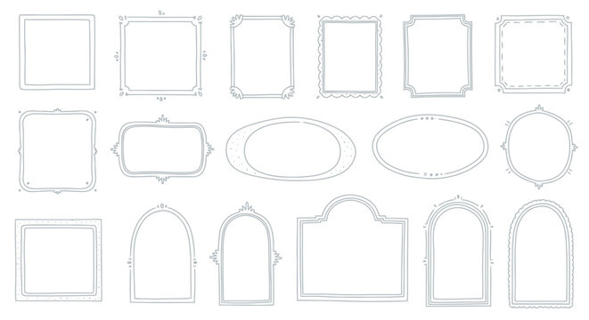 A diverse collection of hand-drawn doodle frames with sketchy lines, featuring square, rectangular, oval, and arched shapes in a minimalist style.