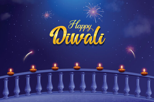 Happy Diwali Greeting Design With Oil Lamps Lit On A Balcony Railing With Sparkling Fireworks In The Night Sky, Blue Background. Indian Hindu Festival Concept For E-commerce Greetings, Poster, Banner