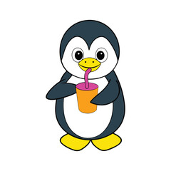 Cute Penguin Drinking Juice Cartoon Vector Illustration