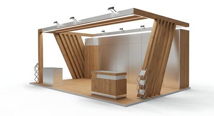 Modern exhibition booth design with wooden accents for professional trade show display
