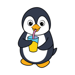 Cute Penguin Drinking Juice Cartoon Vector Illustration