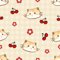Cute cat seamless pattern for a fun with loving flowers and cherry  illustration design