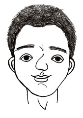 Stylized drawing of a boy's portrait. Black outline. Line art. Isolated on white background. Young boy, child. Smiling slightly. Nose with a potato. Hairstyle drawn with cross strokes. Sketch, doodle.