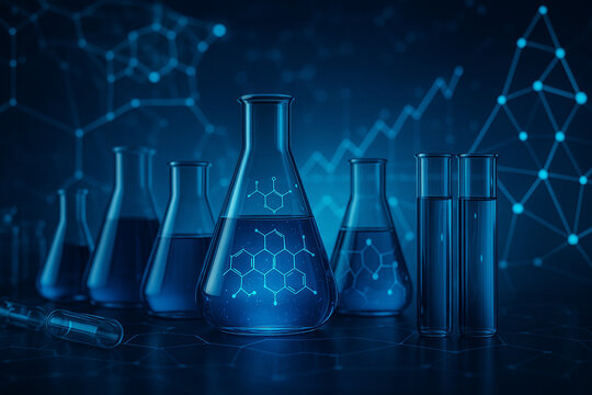 AI generated abstract science laboratory scene with glowing blue glassware molecular graphics and digital overlays symbolizing biotechnology innovation and modern research progress
