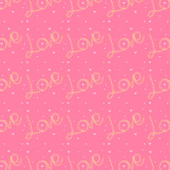 Romantic seamless love text pattern with pink background..