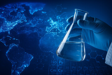 AI generated image of a gloved hand holding a glass flask with glowing liquid against a digital world map and molecular structures symbolizing global science research and innovation