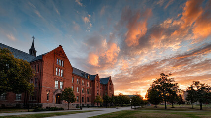 Inspiring red brick university building at sunset. majestic college campus glows under dramatic colorful sky