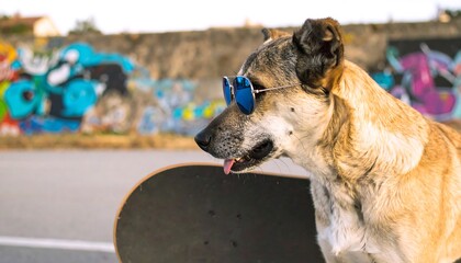 Cool Dog Wearing Sunglasses Sitting Beside Skateboard on Urban Street