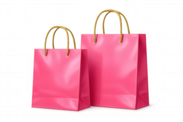 Two vibrant pink shopping bags with sturdy gold rope handles on a transparent background, perfect for customizing and design projects