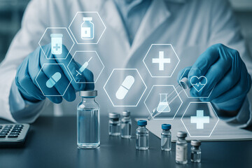 AI generated concept of digital healthcare and pharmaceutical innovation showing medical vials with futuristic hexagon interface and healthcare icons in a modern laboratory scene