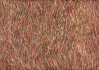 Texture background. Vertical wavy stripes of different shades of peach color. Chaotically placed on black background. Intersect with each other. Form a threads texture. Thin lines. Orange, brown.