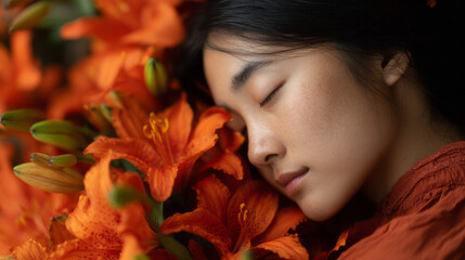 Peaceful asian woman sleeping, her face resting on bed of orange lily flower. Serene portrait of calm, natural beauty