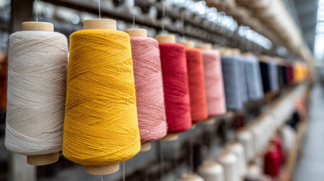 Colorful spool of thread and yarn at textile factory. Vibrant view of manufacturing and sewing production line - Powered by Adobe