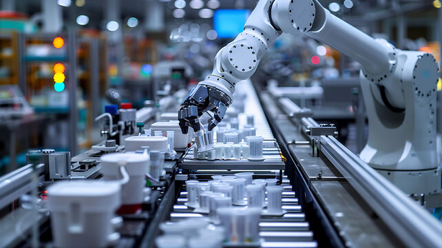 Automated Precision: Robotic Arm Processing Pharmaceutical Containers on Assembly Line with Streamlined Efficiency and Technological Advancement for Manufacturing.