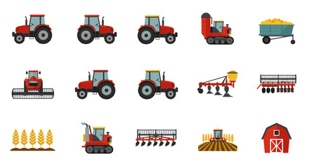 Red farm equipment and machinery set featuring tractors, harvesters, and barn in flat style