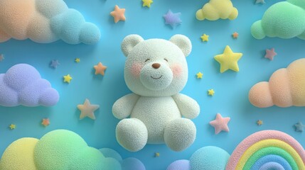 Fototapeta premium Pastel teddy bear surrounded by clouds, stars, and rainbows