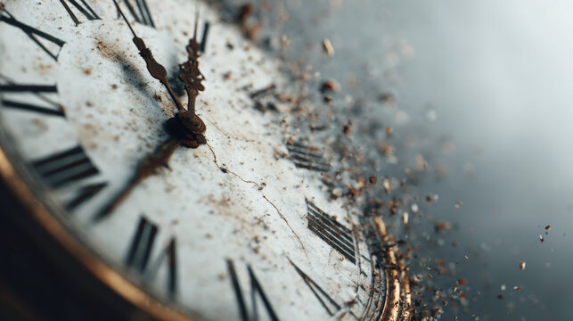 Dramatic concept of crumbling clock disintegrating. Time breaking apart in surreal time travel visual