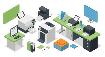 Modern office workspace with isometric design elements and technology devices