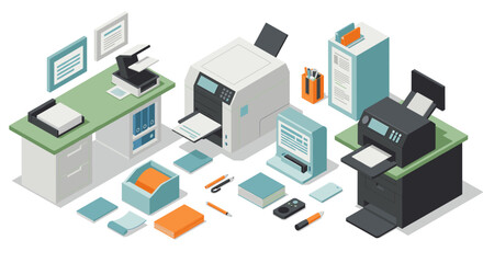 Obraz premium Modern office equipment isometric set with printers, office supplies, and desks