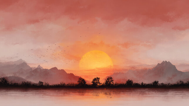 Serene watercolor painting of an orange sunset over mountain landscape with beautiful calm water reflection