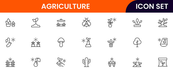 Agriculture vector line icons featuring fields, crops, tractors, irrigation, barns, seeds, tools, farming practices, harvest, and sustainable food production.