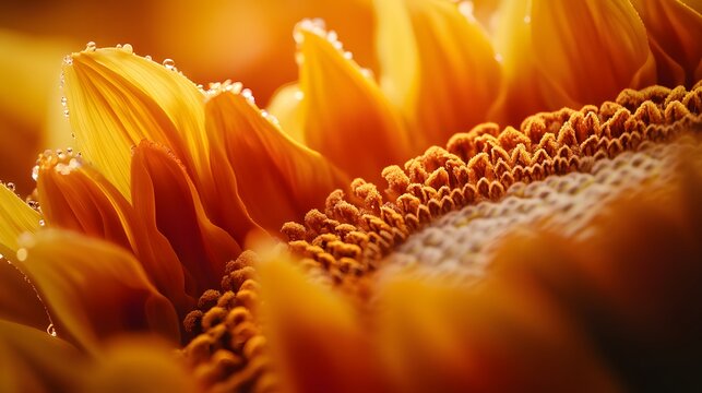 A full-frame macro shot of a sunflowers core and detailed petals 
