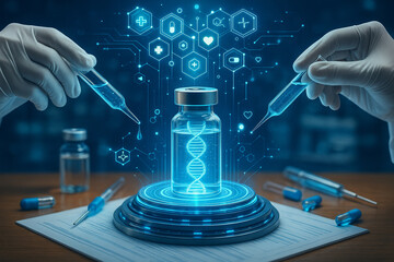 AI generated futuristic medical scene with glowing DNA inside vaccine vial surrounded by digital holograms symbolizing innovation healthcare technology and pharmaceutical research