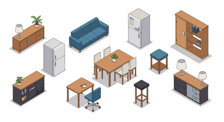 Fototapeta premium Isometric interior design elements with furniture and home decor items