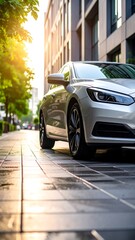 Fototapeta premium Modern car parked on city street at dawn (1)