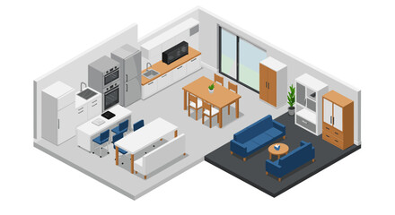 Modern isometric kitchen and living room interior design with furniture and appliances