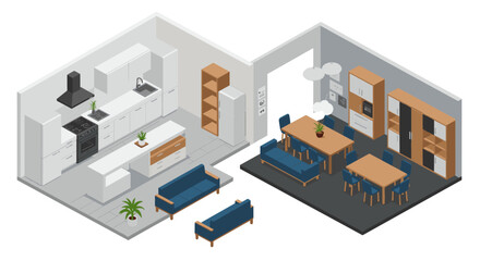 Obraz premium Modern isometric living room and kitchen layout with contemporary furniture