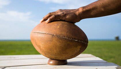 Closeup of Hand Placing Rugby Ball on Kicking Tee Against Blue Sky
