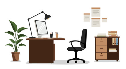 Modern flat design home office workspace with desk and chair elements