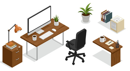 Modern isometric office setup with desk, chair, and accessories