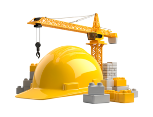 Creative Construction: Safety Gear, Crane, and Blocks Symbolizing Development isolated on a transparent background