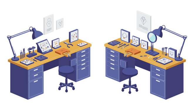 Isometric jewelry workbench design with tools and equipment