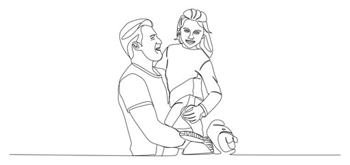 Line art illustration of a happy couple spending time together. The man is lifting and holding the woman joyfully while they smile at each other, symbolizing love, romance, happiness