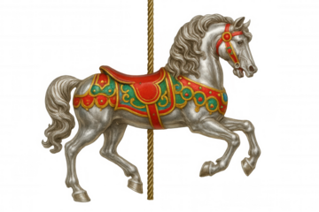 Silver carousel horse wearing festive red and green ornaments, elegantly rearing on transparent backdrop