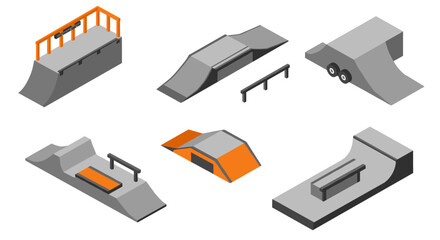 Isometric skatepark elements set with ramps and rails for urban design