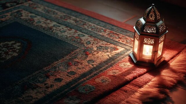 Ornate prayer rug illuminated by a warm lantern, evoking a serene and spiritual atmosphere.